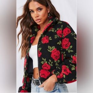 Forever 21 cropped teddy bear jacket roses S